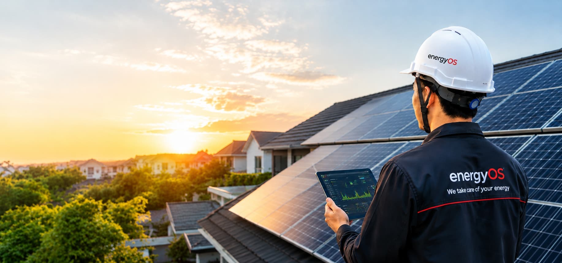 ช่างเทคนิค energyOS ตรวจระบบโซลาร์บนหลังคาบ้านผ่านแท็บเล็ต