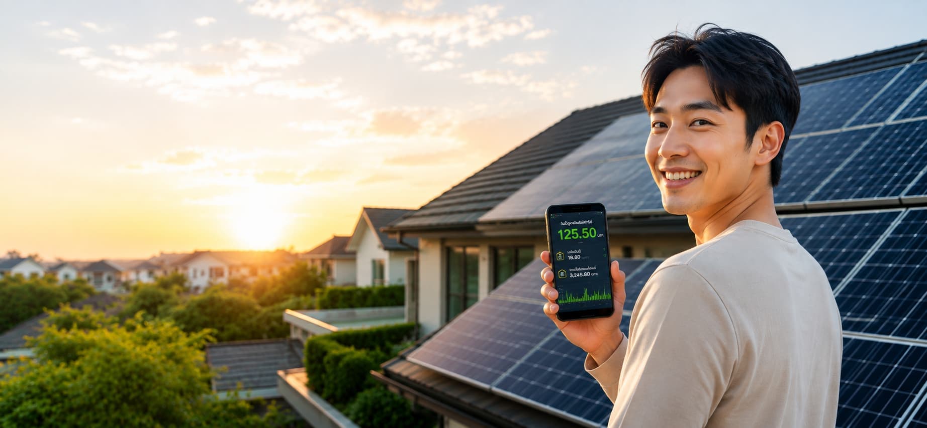 เจ้าของบ้านยิ้มโชว์แอป energyOS ที่แสดงเงินที่โซลาร์ทำได้วันนี้ หน้าบ้านที่ติดแผงโซลาร์